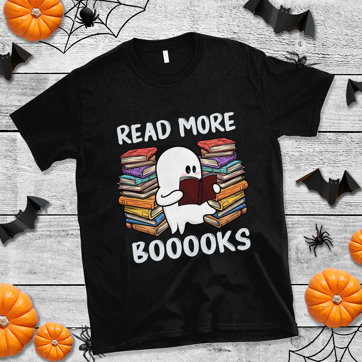 Black crewneck T-shirt with ghost reading books graphic and 'READ MORE BOOOOKS'.