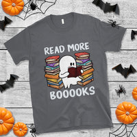 Charcoal crewneck T-shirt with ghost reading books graphic and 'READ MORE BOOOOKS'.