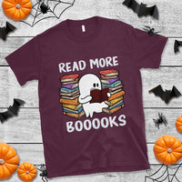 Maroon crewneck T-shirt with ghost reading books graphic and 'READ MORE BOOOOKS'.