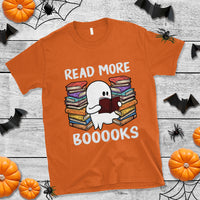 Orange crewneck T-shirt with ghost reading books graphic and 'READ MORE BOOOOKS'.
