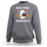 Charcoal gray Halloween reading sweatshirt with a cute ghost holding a book, “READ MORE BOOOOKS” print.
