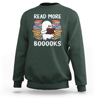 Dark forest green Halloween reading sweatshirt with a cute ghost reading, “READ MORE BOOOOKS” graphic.