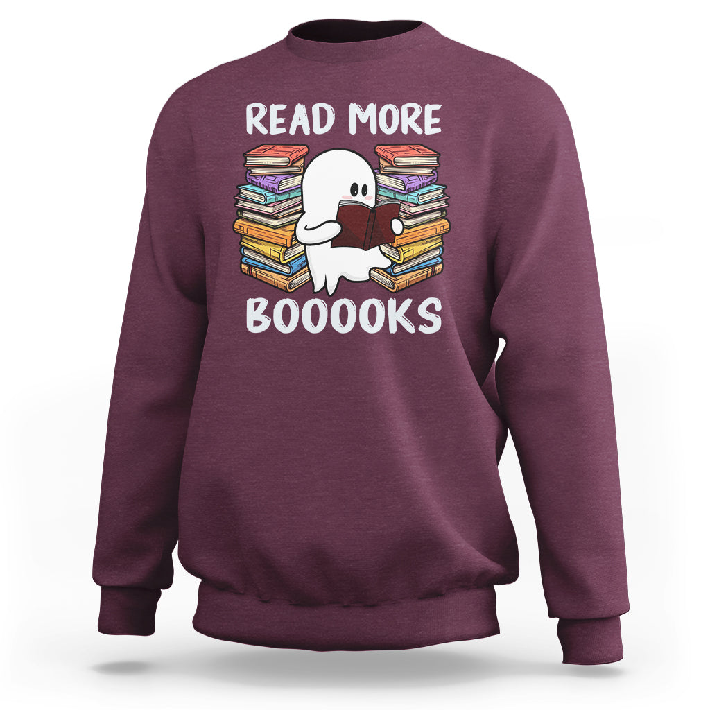 Maroon Halloween reading sweatshirt featuring a cute ghost holding a book, “READ MORE BOOOOKS” print.