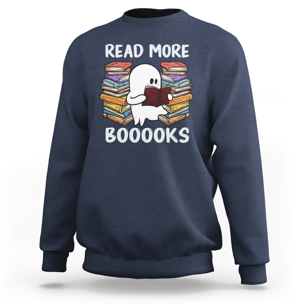 Navy Halloween reading sweatshirt featuring a cute ghost reading, “READ MORE BOOOOKS” front graphic.