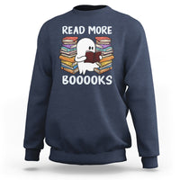 Navy Halloween reading sweatshirt featuring a cute ghost reading, “READ MORE BOOOOKS” front graphic.