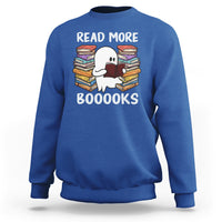 Royal blue Halloween reading sweatshirt with a cute ghost holding a book, “READ MORE BOOOOKS” print.
