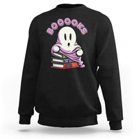 Black ghost reading books sweatshirt with “Booooks” graphic on front