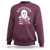 Maroon ghost reading books sweatshirt with “Booooks” graphic on front