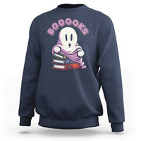 Navy ghost reading books sweatshirt with “Booooks” graphic on front