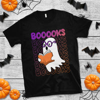 Black Halloween T-shirt with boo-books ghost reading book graphic on front