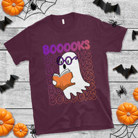 Maroon Halloween T-shirt with boo-books ghost reading book graphic on front
