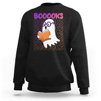 Black crewneck sweatshirt with cartoon ghost reading orange book and 'BOOOOKS' text