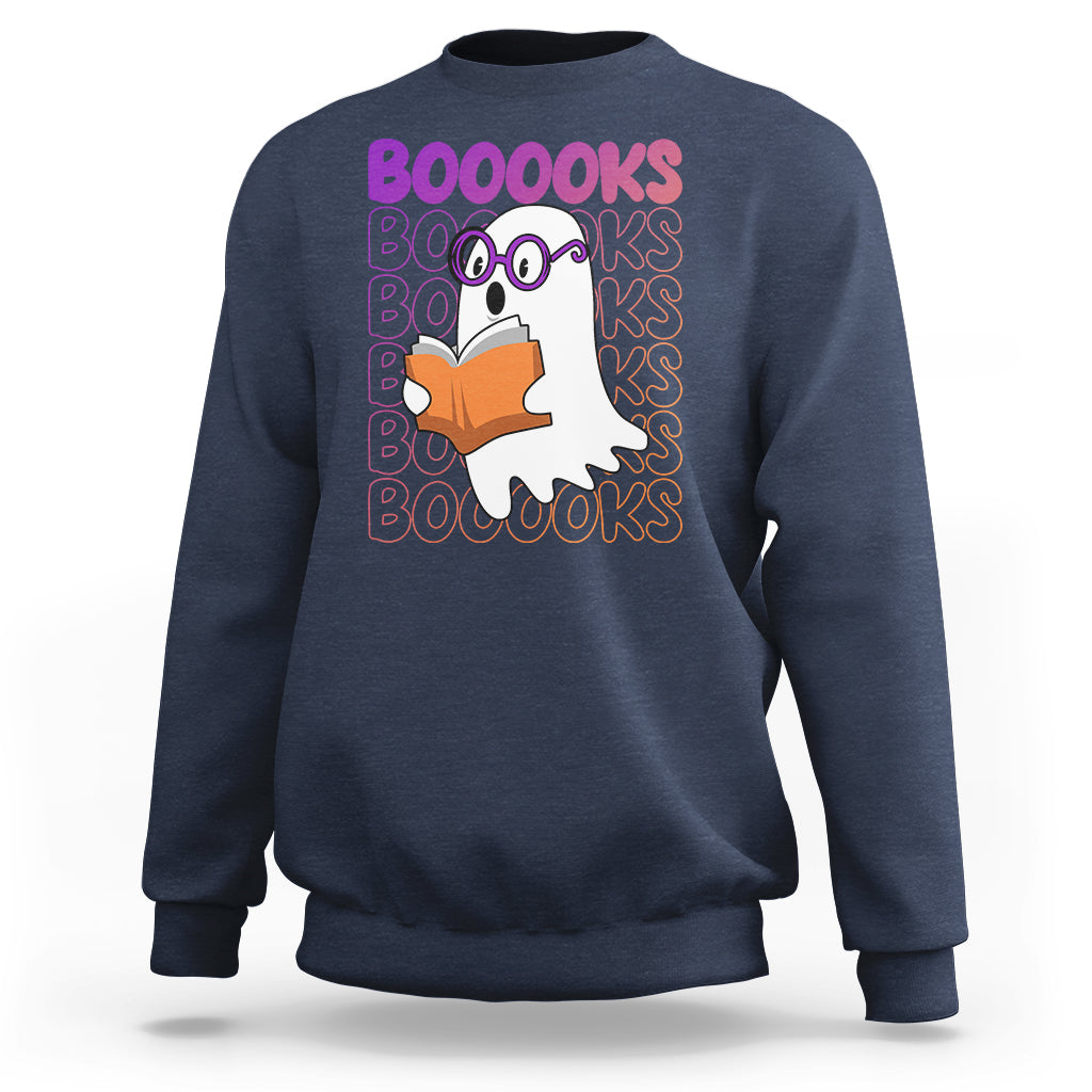Navy crewneck sweatshirt with ghost reading orange book and repeating 'BOOOOKS' graphic