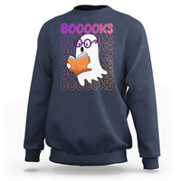 Navy crewneck sweatshirt with ghost reading orange book and repeating 'BOOOOKS' graphic