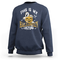 Navy crewneck sweatshirt with scary pumpkin Halloween costume graphic on back