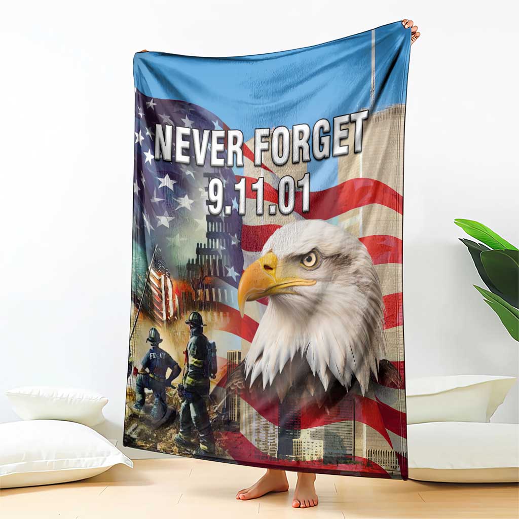 Never Forget 911 Patriotic Memorial Throw Blanket American Flag Bald Eagle First Responder Tribute