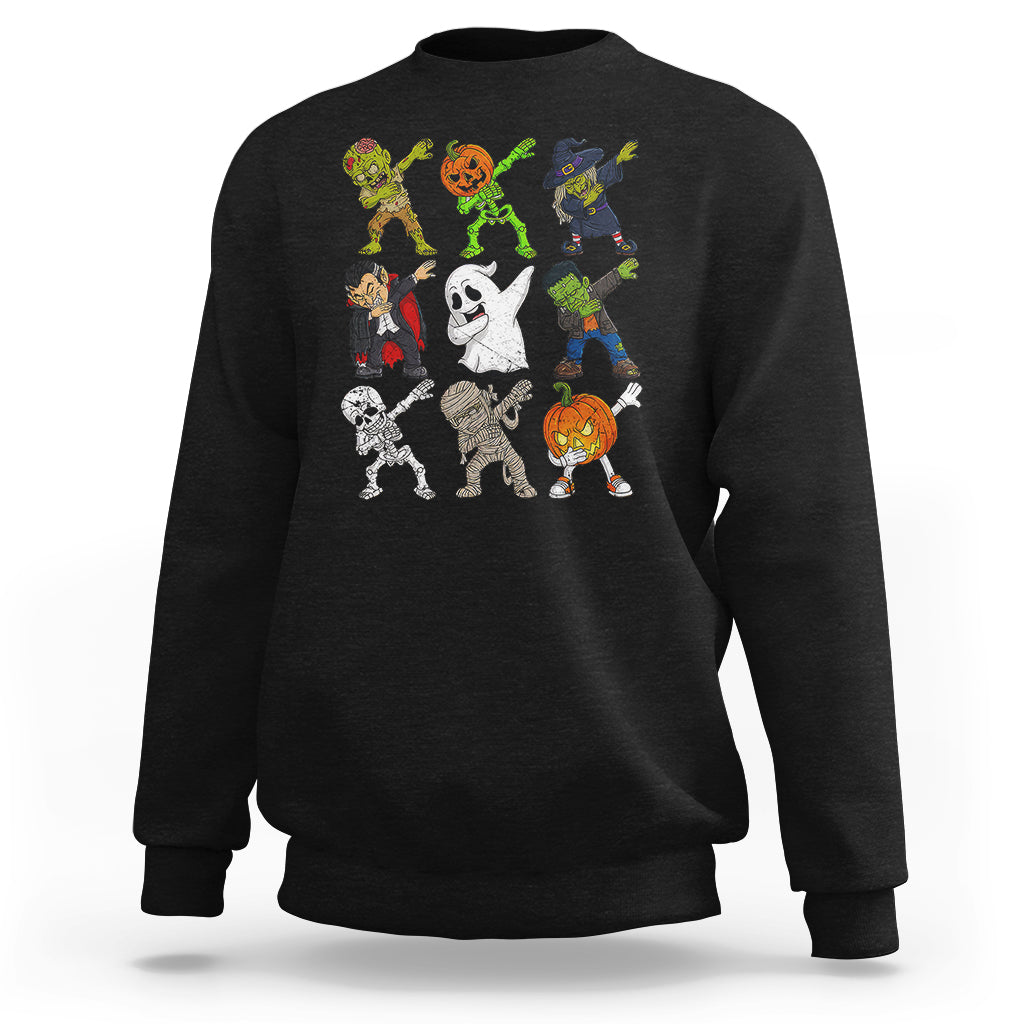 Black halloween costume sweatshirt with colorful spooky character dabbing graphic