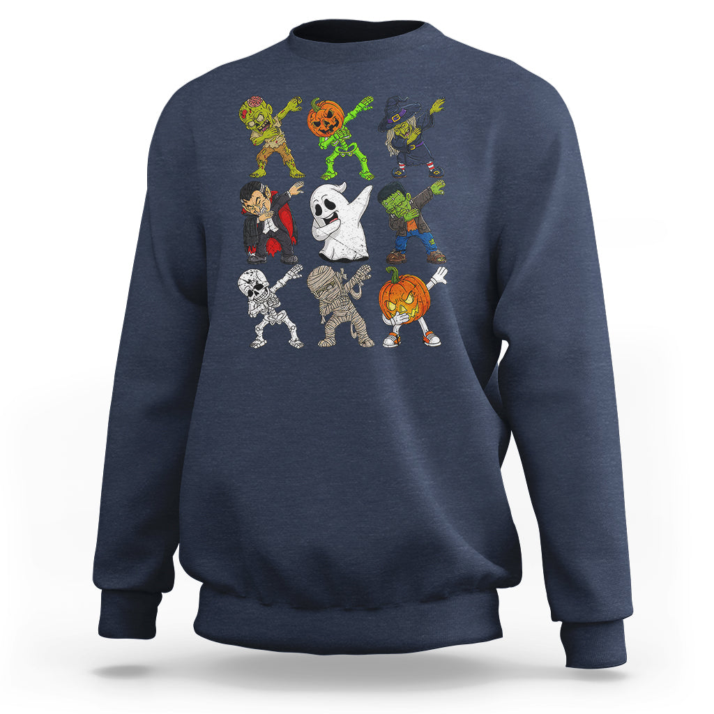 Navy halloween costume sweatshirt with colorful spooky character dabbing graphic