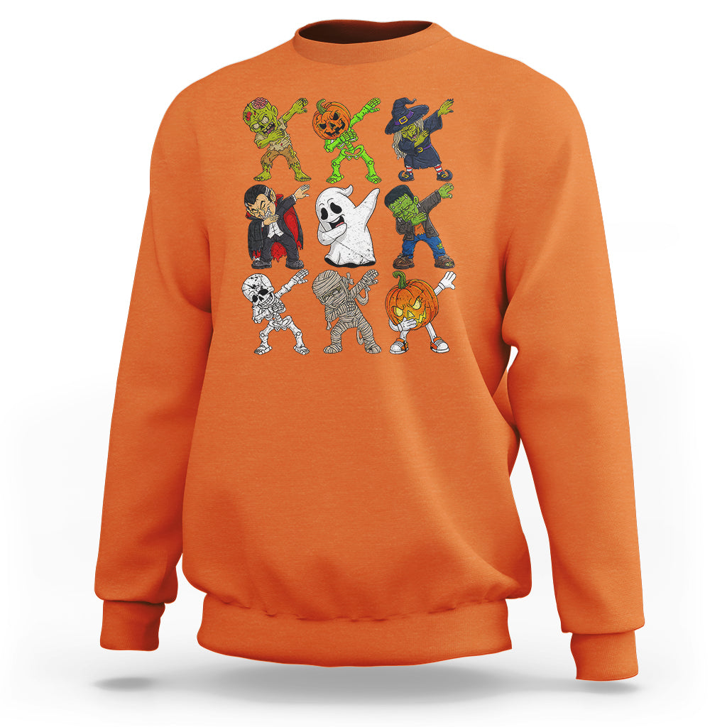 Orange halloween costume sweatshirt with colorful spooky character dabbing graphic