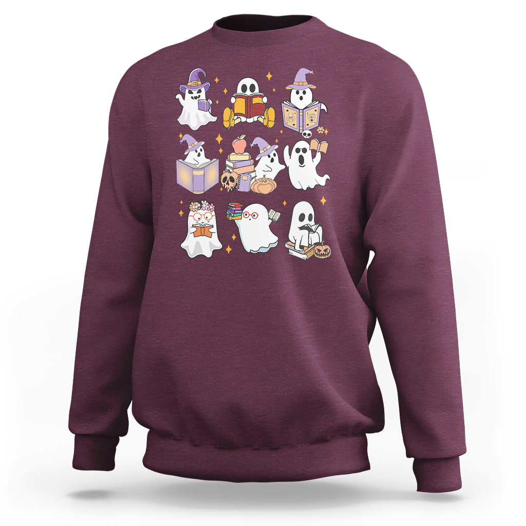 Maroon Halloween reading sweatshirt with ghost, books, and boo sheet graphic