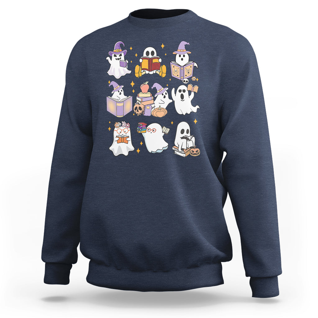 Navy Halloween reading sweatshirt with ghost, books, and boo sheet graphic