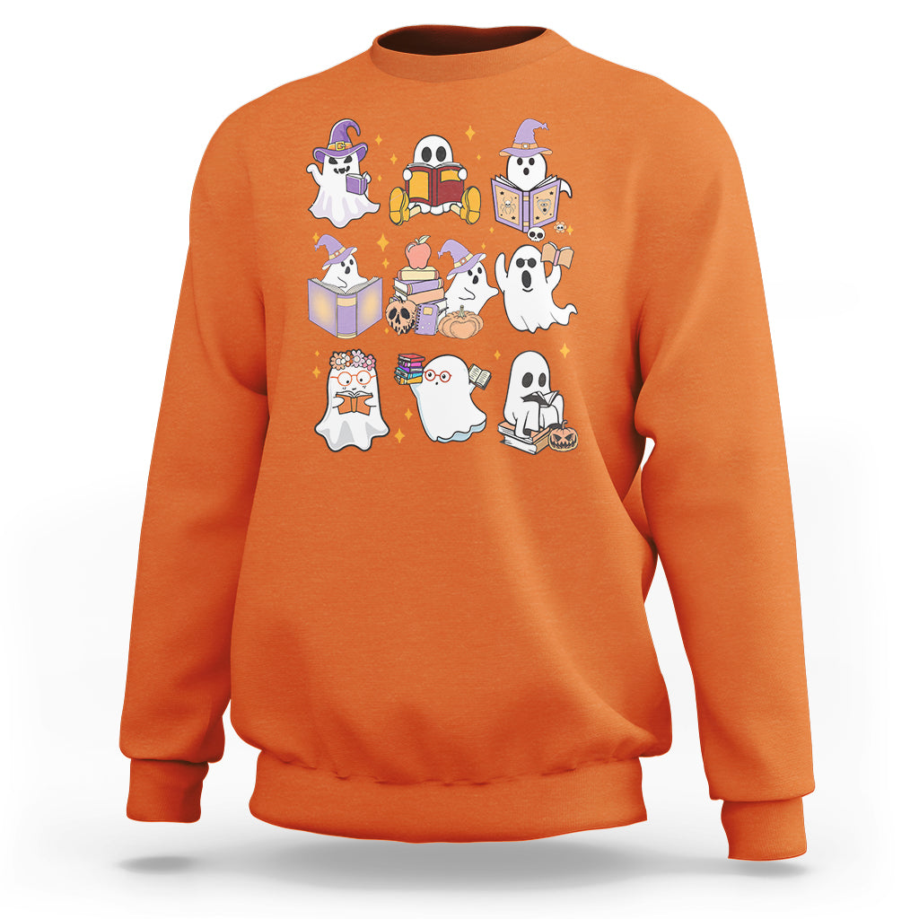 Orange Halloween reading sweatshirt with ghost, books, and boo sheet graphic