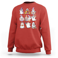 Red Halloween reading sweatshirt with ghost, books, and boo sheet graphic