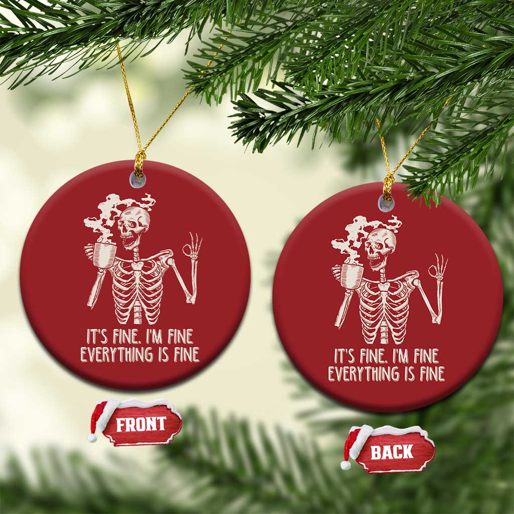 Red round Christmas ornaments with white skeleton and “IT’S FINE...” text, shown front and back