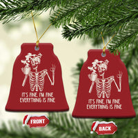 Red bell-shaped Christmas ornaments with white skeleton graphic, “IT’S FINE...” text, two angles