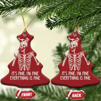Red bell-shaped Christmas ornament pair with white skeleton holding a coffee mug and text