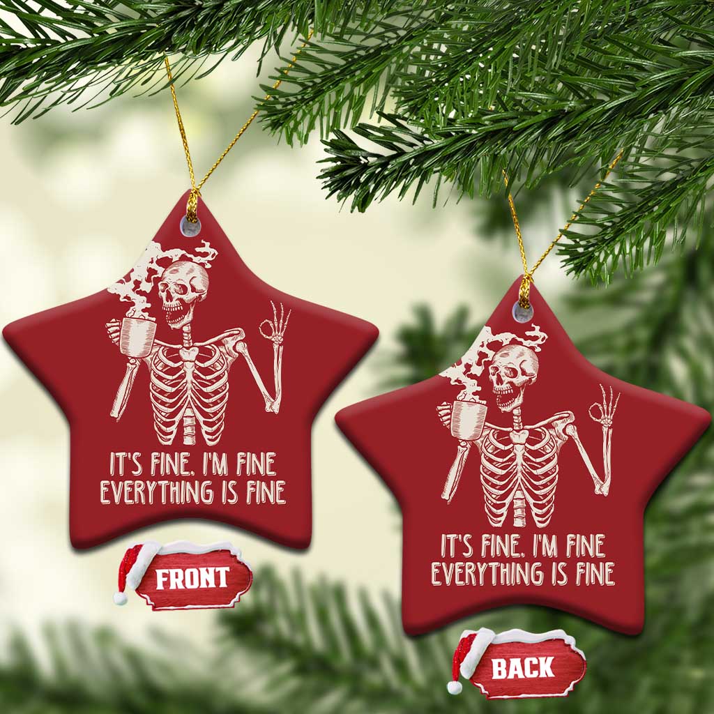 Red star-shaped Christmas ornaments with white skeleton holding coffee mug and “IT’S FINE...” text