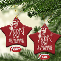 Red star-shaped Christmas ornaments with white skeleton holding coffee mug and “IT’S FINE...” text