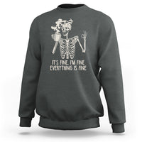 Dark heather crewneck skeleton sweatshirt with coffee cup and “It’s fine, everything’s fine” print