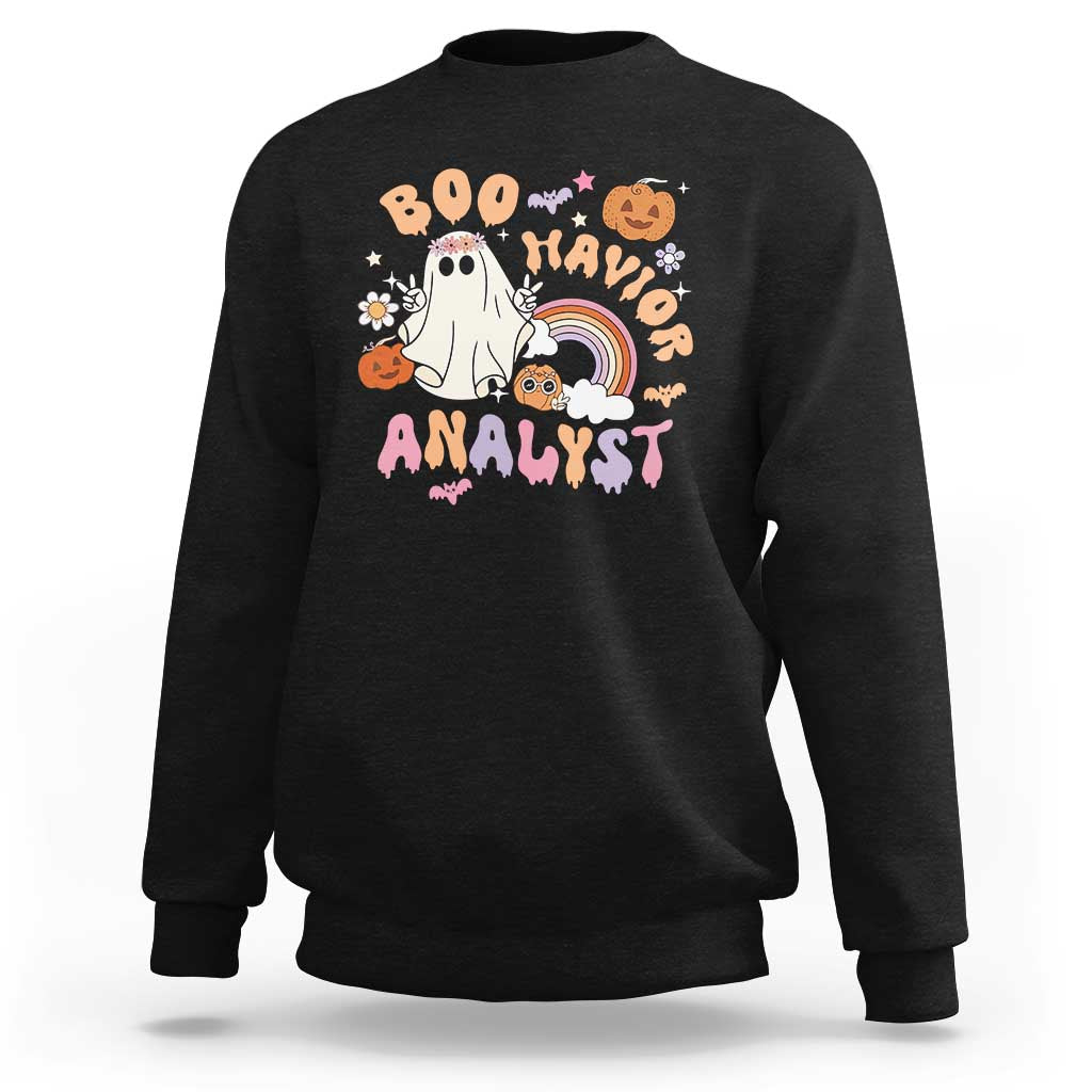 Black crewneck sweatshirt with Halloween “Boo Analyst” graphic, ghost, rainbow, pumpkins