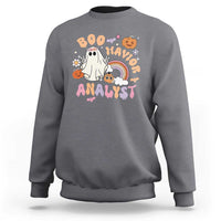 Heather gray crewneck sweatshirt with Halloween “Boo Analyst” graphic, ghost, rainbow, pumpkins