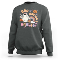 Dark green crewneck sweatshirt with Halloween “Boo Analyst” graphic, ghost, rainbow, pumpkins