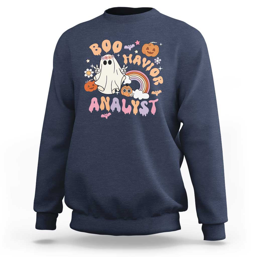 Navy crewneck sweatshirt with Halloween “Boo Analyst” graphic, ghost, rainbow, pumpkins