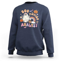 Navy crewneck sweatshirt with Halloween “Boo Analyst” graphic, ghost, rainbow, pumpkins