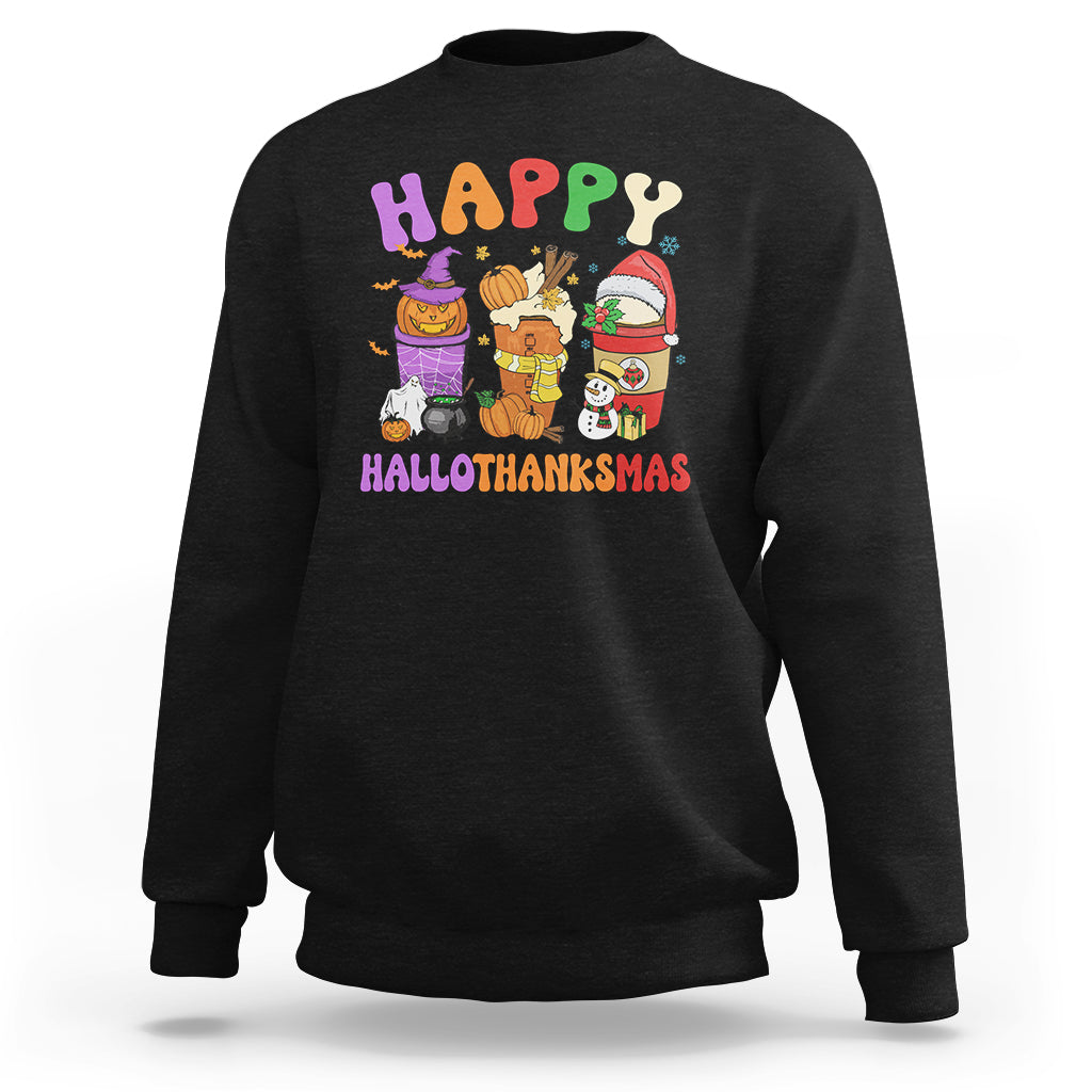 Black unisex sweatshirt with colorful Happy Hallothanksmas graphic on chest