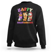 Black unisex sweatshirt with colorful Happy Hallothanksmas graphic on chest