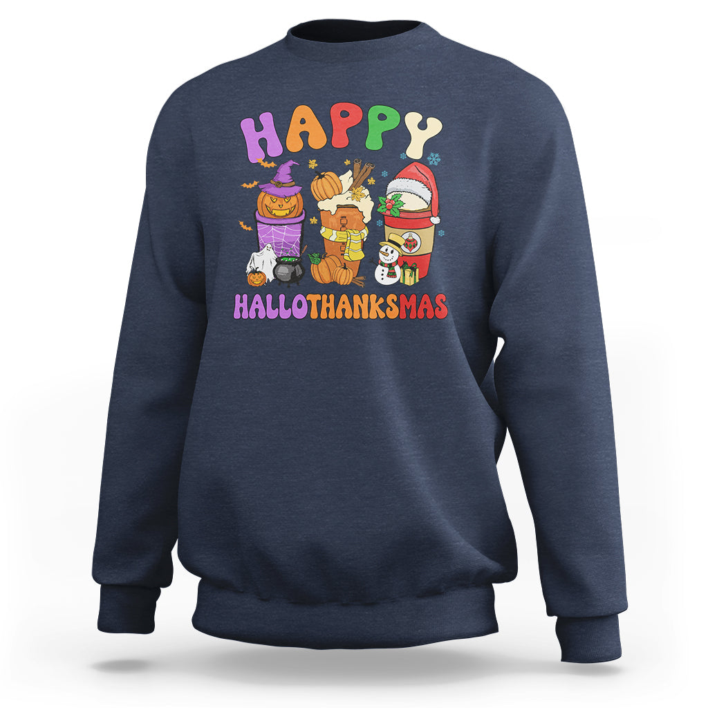 Navy unisex sweatshirt with colorful Happy Hallothanksmas graphic on chest