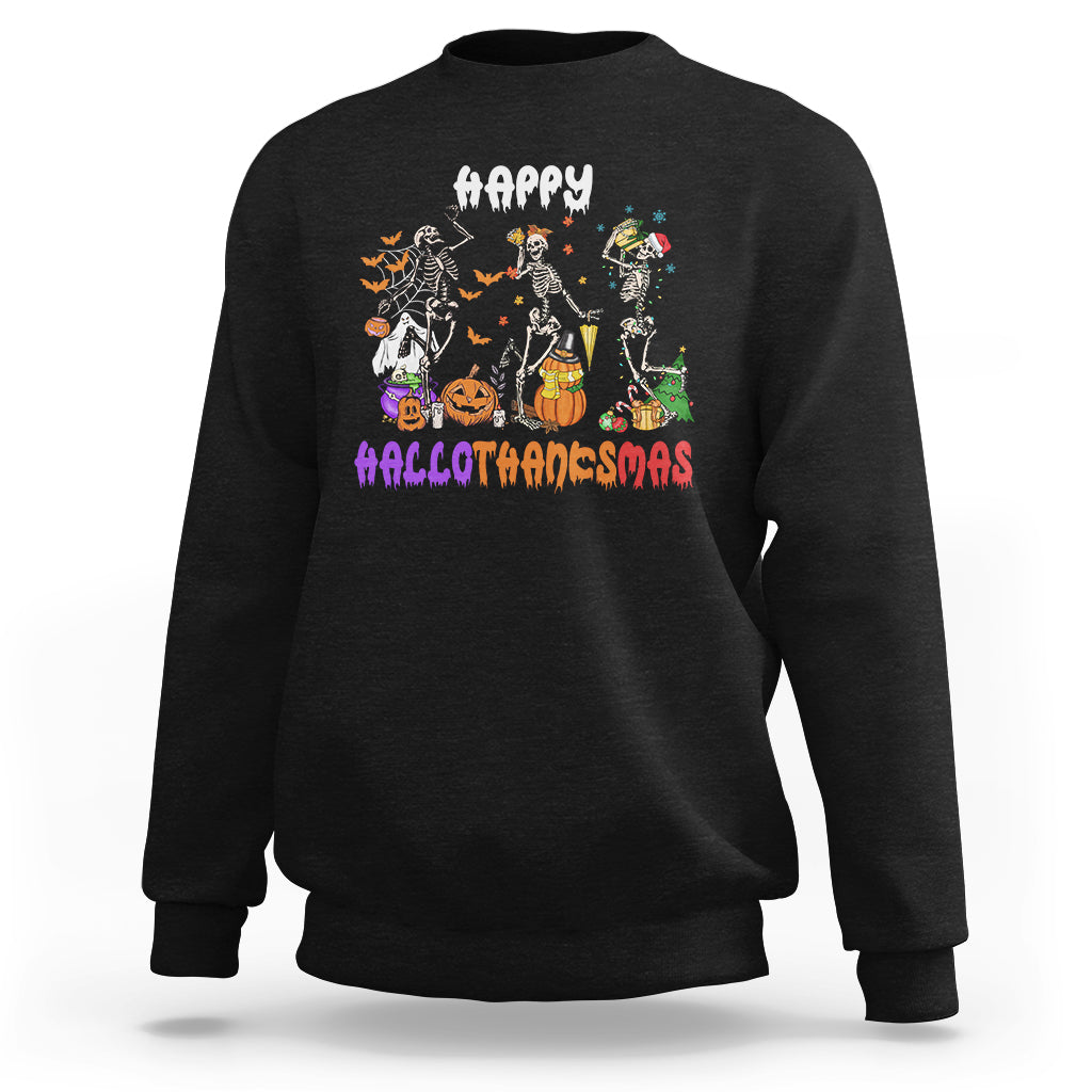 Black crewneck sweatshirt with colorful skeleton graphic and 'Happy' text on front