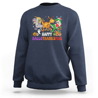 Navy crewneck sweatshirt with colorful Happy Hallothanksmas dinosaur graphic
