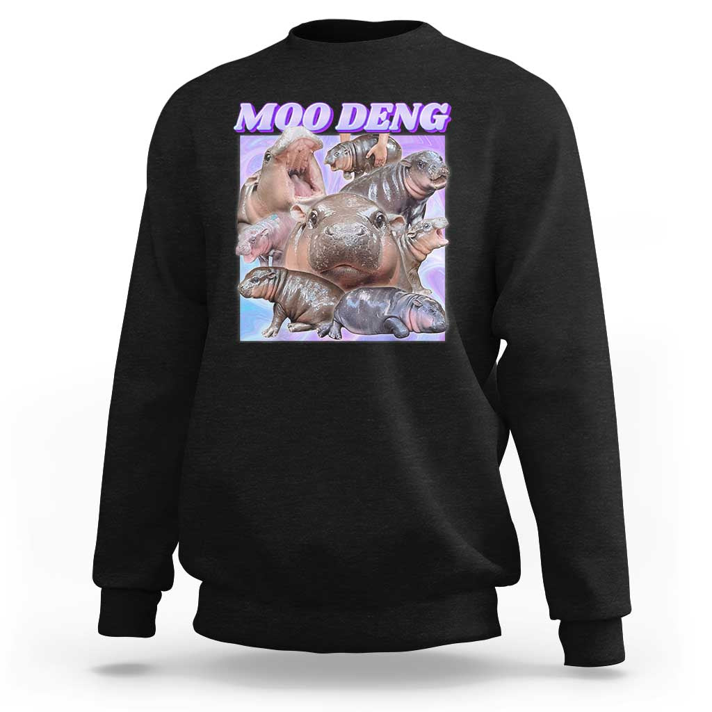 Black baby sweatshirt with front “MOO DENG” hippo graphic and long sleeves