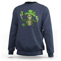 Navy crewneck sweatshirt with neon-green skeleton holding beer mugs and shamrock graphics