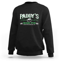 Black crewneck sweatshirt with "PADDY'S" and "IRISH PUB" graphic on chest