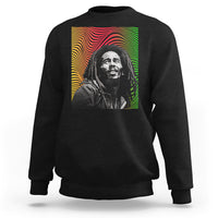 Black crewneck sweatshirt with colorful reggae-style portrait graphic on back.