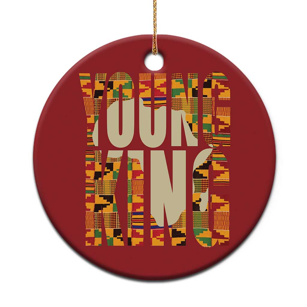 Maroon round ornament with gold kente-style pattern and "YOUNG KING" text