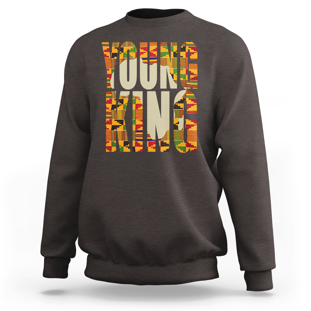 Dark chocolate brown boys kente graphic sweatshirt with 'Young King' front print