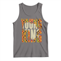 Gray sleeveless tank top with multicolor kente-style "Young King" graphic